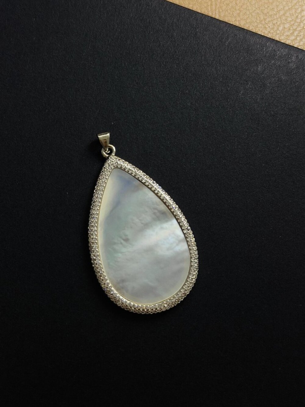 Pear Shaped Mother of Pearl Statement Pendant Silver CZ Pavé Setting